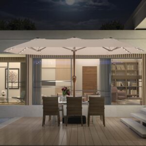 15ft Large Patio Umbrella with Solar Lights, Double-Sided Rectangle Lighted Outdoor Table Umbrella with Base Included