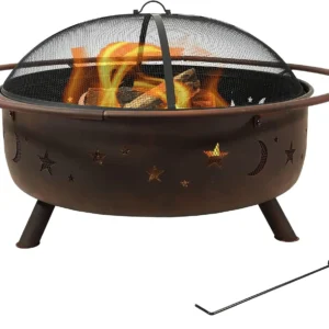 Cosmic 42-Inch Wood-Burning Steel Fire Pit with Round Spark Screen, Poker, and Built-in Grate - Rust Patina
