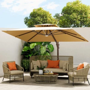 10 X 13 FT Cantilever Outdoor Patio Umbrella with Led Lights Large Heavy Duty 360° Rotation Double Top Offset Rectangular Beige