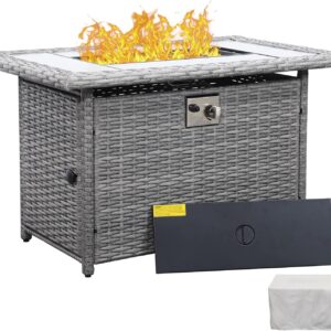 60000 BTU Wicker Gas Pit Outdoor Fire Pit Table 45 Inch Pits for Outside with Woodgrain Marble Tabletop Fire Pit Cover